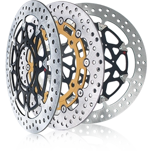 Three perforated brake discs for motorcycles with coloured inner rings in black and gold.